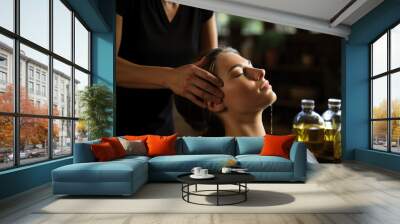 A scalp massage with essential oils, promoting the concept of relaxation and hair health. Generative Ai. Wall mural