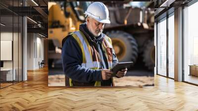 A senior man engineer, wearing a hardhat, uses a tablet computer at a construction site with a bulldozer in the background. The tablet allows for control over loading cargo or coal. Generative Ai. Wall mural