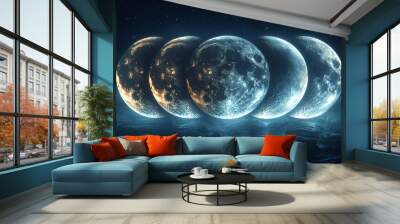 A sequence of moon phases displayed across the night sky, illustrating the natural cycle of lunar change. Concept of astronomy and natural rhythms. Wall mural