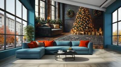 A sleek, minimalist Christmas tree decorated with geometric ornaments and LED lights, set against a modern living room backdrop. Concept of contemporary holiday decor. Wall mural