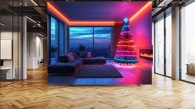 A sleek urban apartment with a Christmas tree made of transparent acrylic and colorful LED strips, blending with modern decor. Concept of minimalist holiday design. Wall mural