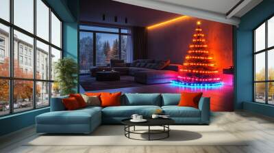 A sleek urban apartment with a Christmas tree made of transparent acrylic and colorful LED strips, blending with modern decor. Concept of minimalist holiday design. Wall mural