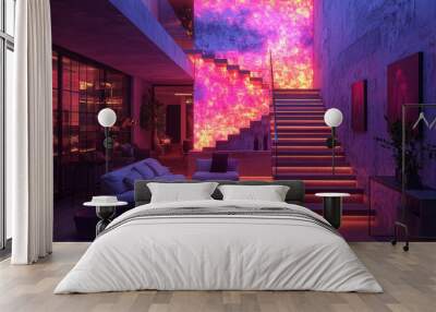 A stylish loft decorated for Halloween with abstract wall projections and interactive, motion-sensing decorations. Concept of minimalist holiday decor. Wall mural