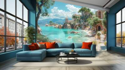 A sun-drenched Mediterranean coastline dotted with charming fishing villages and ancient ruins. Concept of coastal exploration and historical discovery. Generative Ai. Wall mural