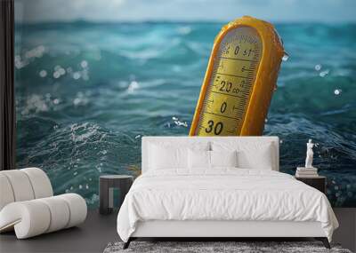 A thermometer submerged in the ocean, showing rising temperatures in the water. Concept of ocean warming and its global effects. Wall mural