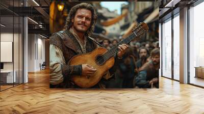 A traveling minstrel entertaining a crowd with a lute and song. Concept of medieval music and entertainment. Wall mural