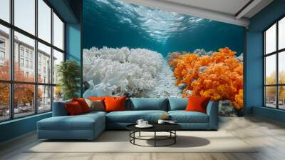 A vibrant, flourishing coral reef teeming with marine life contrasted with a bleached, dead coral reef devoid of color. Concept of vibrant ecosystems versus environmental damage. Wall mural