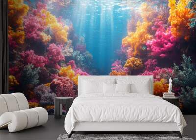 A vibrant and colorful coral reef teeming with marine life, showcasing the incredible biodiversity and beauty of underwater ecosystems. Wall mural