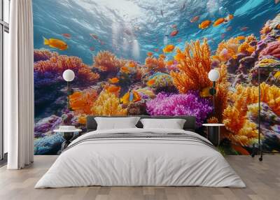 A vibrant coral reef with colorful fish swimming through, representing underwater life. Concept of marine biodiversity and ocean ecosystems. Wall mural