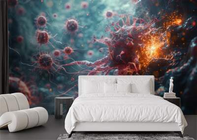 A visualization of the complex interactions between pathogens and the immune system, illustrating the battle between host and invader.  Generative Ai. Wall mural