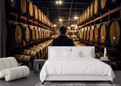 A winemaker inspecting a row of wine barrels in a vineyard cellar, emphasizing the Concept of viticulture and the global wine trade. Generative Ai. Wall mural