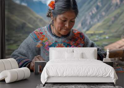 A woman in a traditional Peruvian dress weaving on a backstrap loom in a highland village, emphasizing Andean textile arts and craftsmanship. Concept of weaving and traditional arts. Wall mural