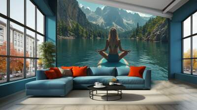 A young woman doing yoga on a paddleboard in the middle of a calm lake, with mountains in the background. Wall mural