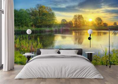 Amazing colorful sunrise on the lake in Poland Wall mural