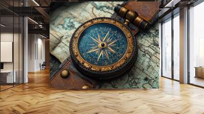 An antique compass with ornate details on a world map, illustrating the exploration and adventure of historical navigation. Concept of exploration tools and cartography. Wall mural