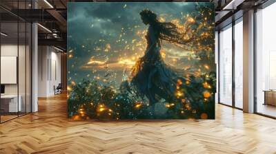 An ethereal fairy dancing in a moonlit glade, surrounded by glowing fireflies. Concept of fantasy and enchantment. Generative Ai. Wall mural