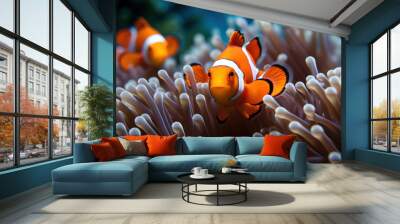 An image of a clownfish nestled among the tentacles of a sea anemone, exemplifying the symbiotic protection and shelter provided by the anemone. Generative Ai. Wall mural