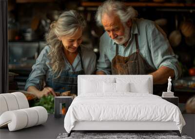 An image of a senior couple engaged in a cooking class, illustrating the joy of learning new culinary skills and maintaining a healthy lifestyle through nutritious meals.  Generative Ai. Wall mural