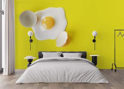 Broken egg on a yellow background. Concept of cooking eggs, making an omelette, breaking the shell. 3d render, 3d illustrator Wall mural