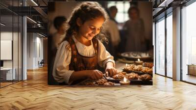 Children prepare traditional dishes and set the table for a festive Hanukkah meal, embodying the importance of family, culture, and heritage. Generative Ai. Wall mural