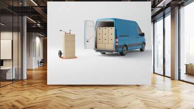 Commercial delivery blue van with cardboard boxes on white background. Delivery order service company transportation box business background with van truck. 3d rendering, 3d illustration. Wall mural