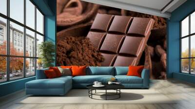 Chocolate bar, candy sweet, cacao beans and powder Wall mural