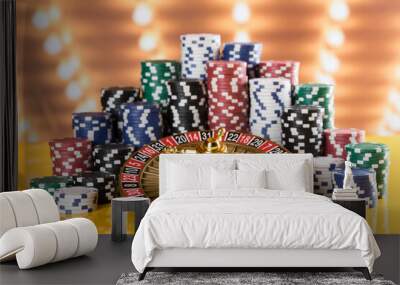 Roulette wheel running in a casino, Poker Chips Wall mural