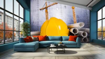 safety helmet, blueprints and construction site Wall mural