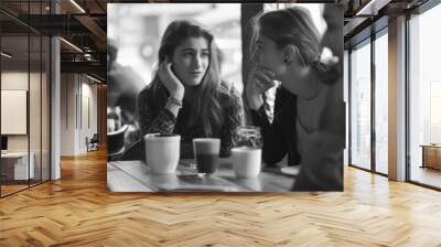 Friends engrossed in a lively debate at a cozy café, hands gesturing animatedly as they discuss diverse viewpoints. Concept of intellectual exchange and discourse. Generative Ai. Wall mural