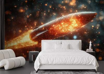 Futuristic rocket soaring through a starry cosmic landscape with vibrant trails. Wall mural