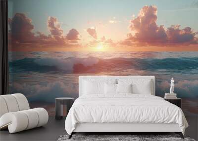 Gentle waves lapping against a sandy shore under a pastel sunset sky. Concept of oceanic rhythms and natural tranquility. Wall mural