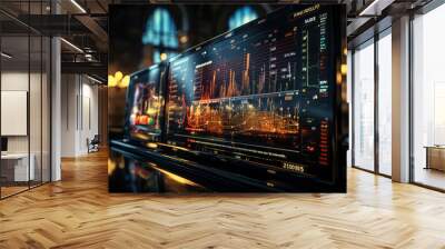 Illuminated stock market tickers display constantly changing prices, capturing the dynamic nature of stock trading. Concept of Market Flux. Generative Ai. Wall mural