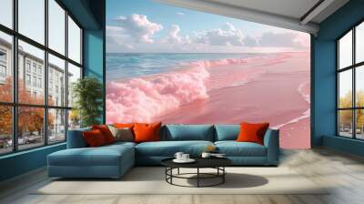 Light pastel pink and seafoam green beach scene. Concept of relaxation and vacation. Generative Ai. Wall mural