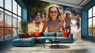 Little athletes participating in a youth triathlon, transitioning from swim to bike to run. Concept of budding triathletes. Generative Ai. Wall mural