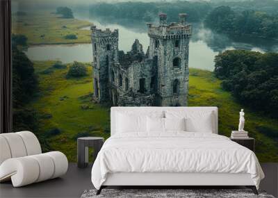 Overhead view of an ancient ruined castle surrounded by lush green meadows and forested hills, showcasing historical and natural juxtaposition. Wall mural