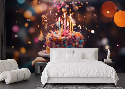 Person's hand making a heartfelt wish while blowing out birthday candles. Generative Ai. Wall mural