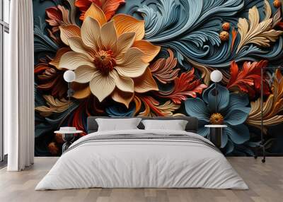 Retro wallpaper with a swirling floral pattern. Generative Ai. Wall mural