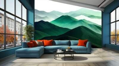 Serene green mountain landscape with layered peaks under soft light. Wall mural