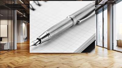 Sleek silver pen with an open notebook isolated on a white background. Concept of writing and creativity. Generative Ai. Wall mural