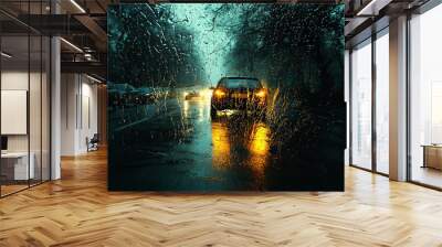 Streaks of rain on a car windshield, highlighting recent weather conditions and driving challenges. Concept of weather effects and vehicle maintenance. Wall mural