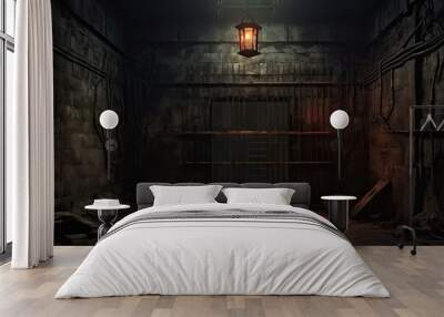 A dark room in prison with a single lantern hanging from the ceiling, casting eerie shadows on the walls. Wall mural