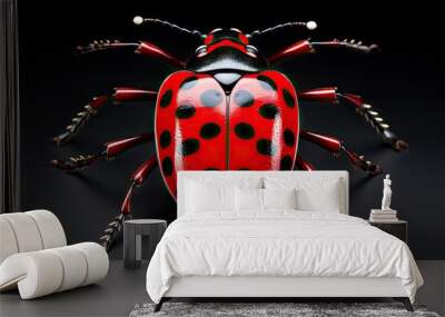 A red and black spotted beetle with a black background. The beetle has six legs, two antennae, and a pair of wings. Wall mural