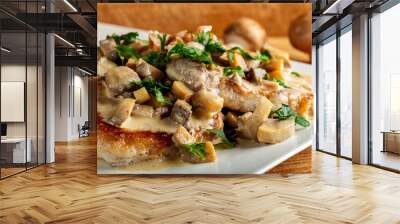 Pork meat with cream sauce and mushrooms Wall mural