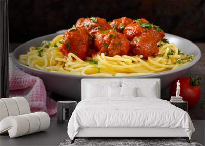 Spaghetti with pork and beef meatballs and tomato sauce Wall mural