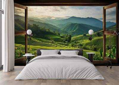 view from window at a wonderful landscape nature view with rice terraces and space for your text. Wall mural