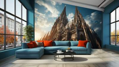 The towering spires of a Gothic cathedral, reaching toward the heavens, a testament to medieval architecture. Generative Ai. Wall mural