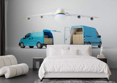 Two commercial delivery blue vans with cardboard boxes with airplane over them on white background. Delivery order service company transportation box with vans truck. 3d rendering, 3d illustration. Wall mural