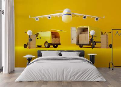 Two commercial delivery yellow vans with cardboard boxes with airplane over them on yellow background. Delivery order service company transportation box with vans truck. 3d rendering, 3d illustration. Wall mural