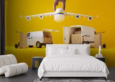 Two delivery white vans with cardboard boxes with hand holding airplane over them on yellow background. Delivery order service company transportation box with vans truck. Wall mural