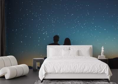 Two lithromantic partners enjoying a peaceful evening stargazing together, finding comfort and connection in the vastness of the universe.  Generative Ai. Wall mural